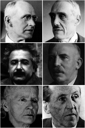 De izquierda a derecha y de arriba a abajo, Arthur Eddington, Maurice de Broglie, Albert Einstein, Ernest Rutherford, Marie Curie y Paul Scherrer